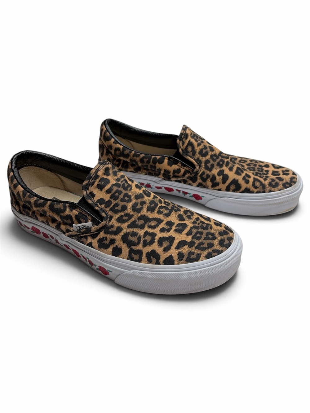 Vans Custom Leopard and Roses Classic Slip On Canvas Sneaker Size 8.5